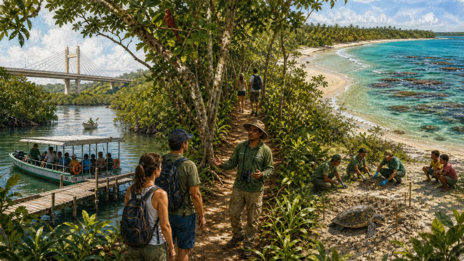 Leitura editorial da praia, do manguezal, do estuário e das atividades guiadas no Paiva.