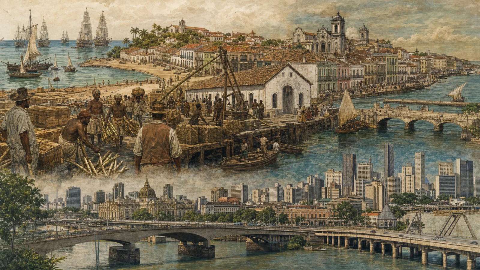 Camadas editoriais do porto, das pontes e da formação urbana do Recife.