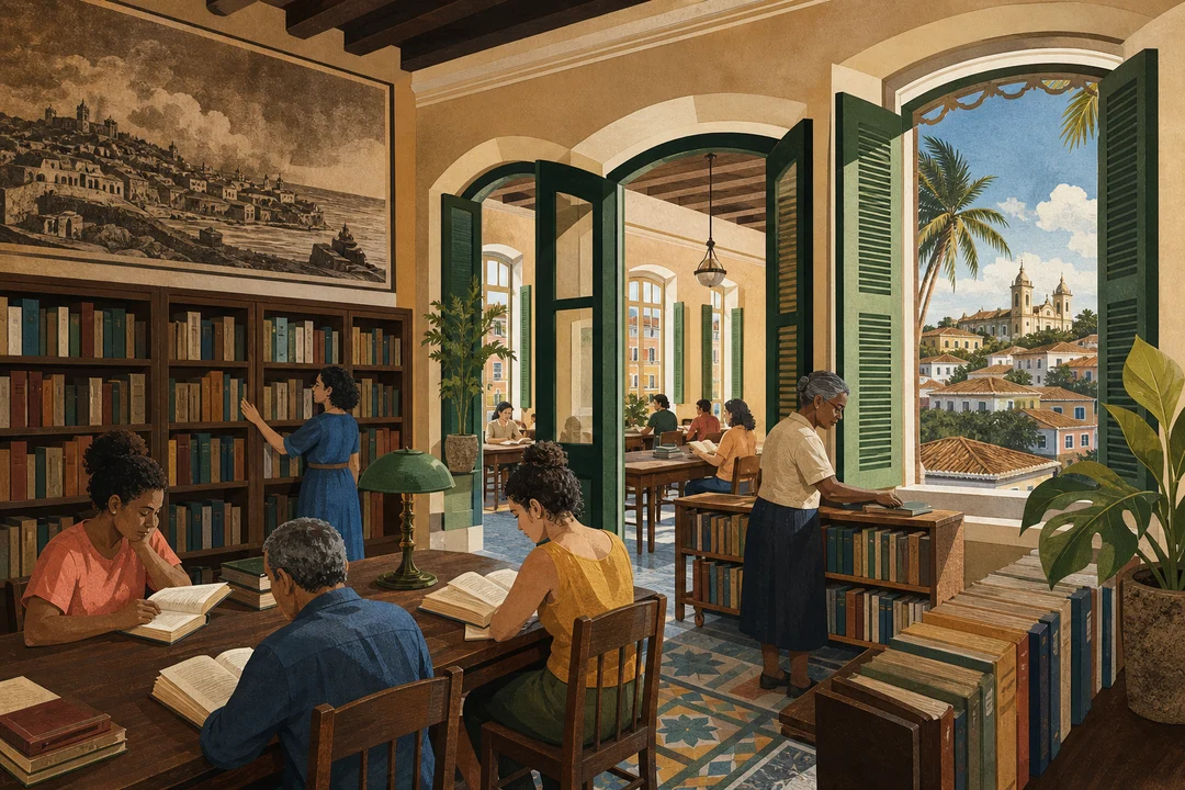 Biblioteca Pública de Olinda — Ilustração editorial autoral do Meu Recife — não é fotografia documental.