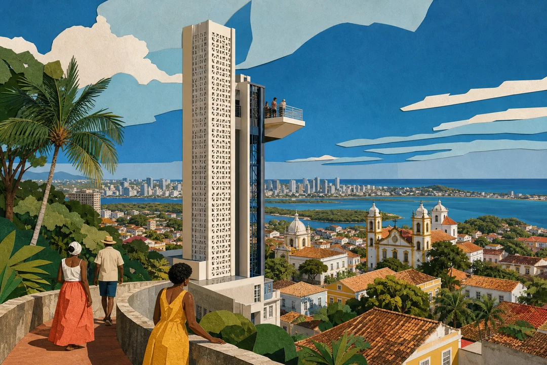 Caixa D’Água e Elevador Panorâmico do Alto da Sé — Ilustração editorial autoral do Meu Recife — não é fotografia documental.