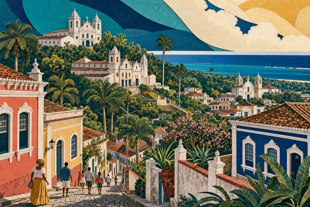 Centro Histórico de Olinda — Ilustração editorial autoral do Meu Recife — não é fotografia documental.