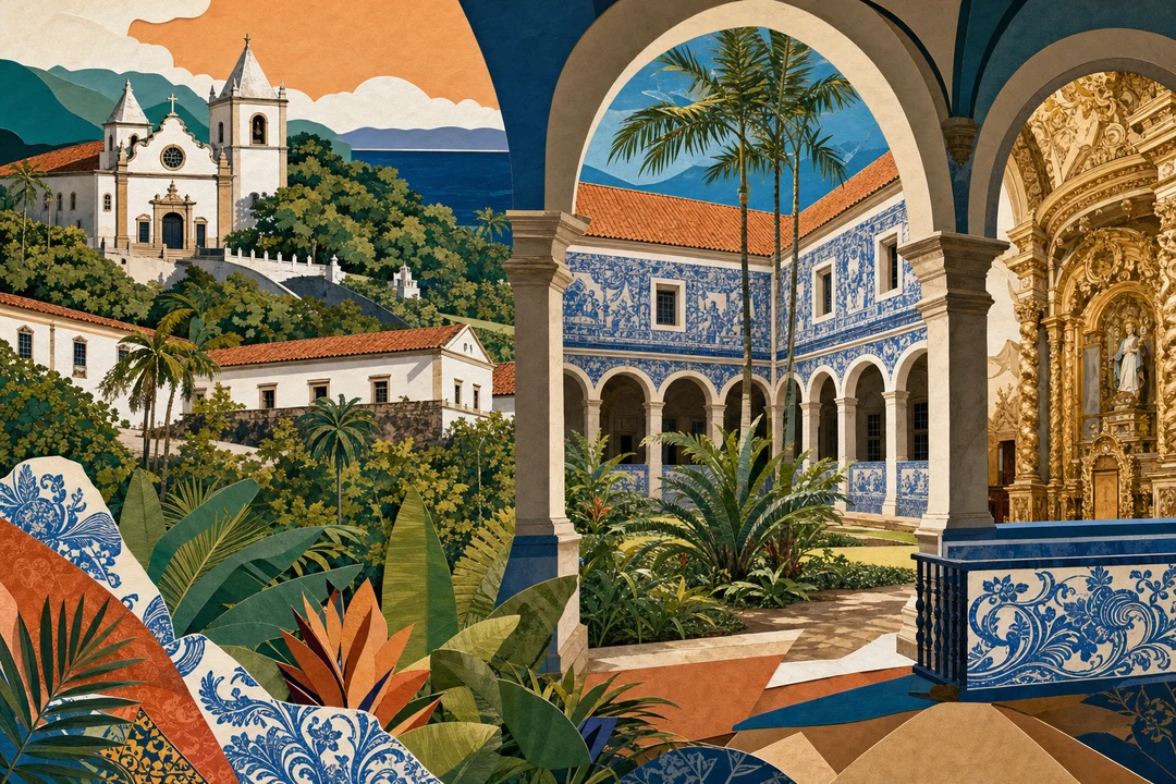Convento de São Francisco e Igreja de Nossa Senhora das Neves — Ilustração editorial autoral do Meu Recife — não é fotografia documental.