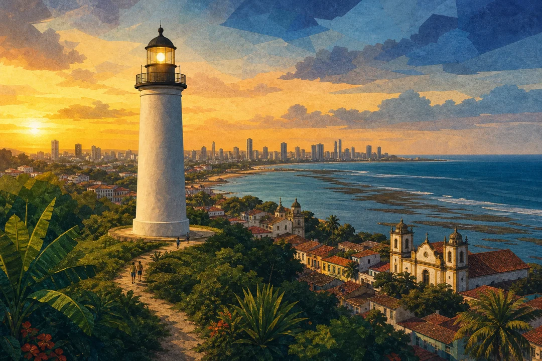 Farol de Olinda — Ilustração editorial autoral do Meu Recife — não é fotografia documental.