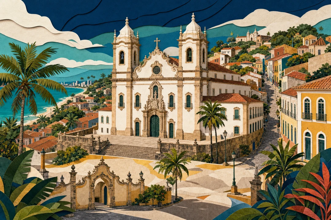Igreja do Carmo de Olinda — Ilustração editorial autoral do Meu Recife — não é fotografia documental.
