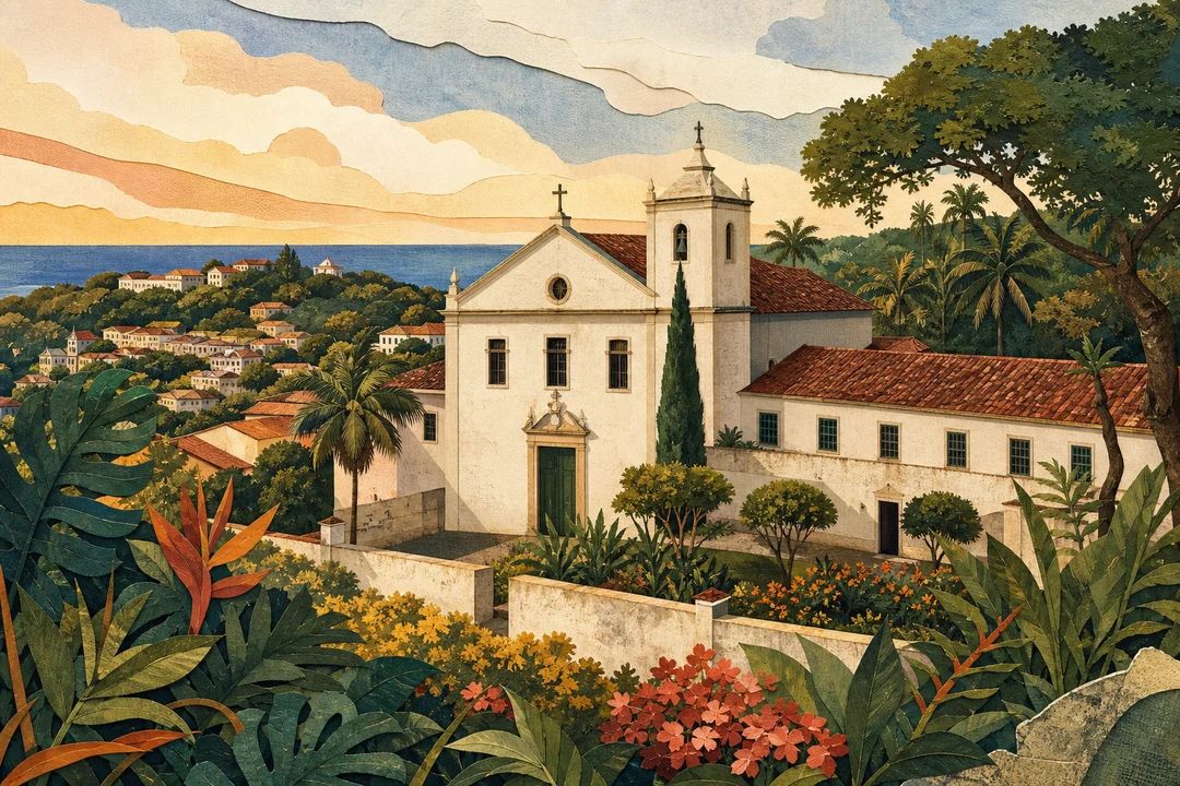 Igreja e Mosteiro de Nossa Senhora do Monte — Ilustração editorial autoral do Meu Recife — não é fotografia documental.