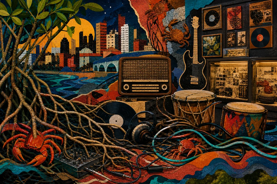 Memorial Chico Science — Ilustração editorial autoral do Meu Recife — não é fotografia documental.