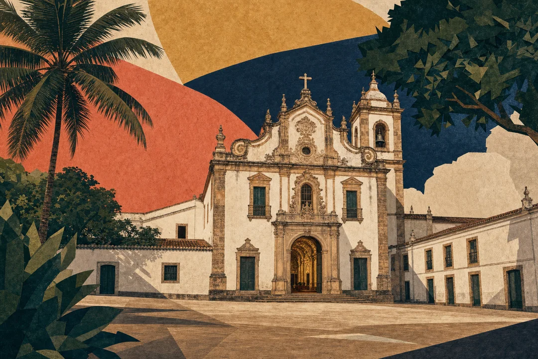 Mosteiro de São Bento de Olinda — Ilustração editorial autoral do Meu Recife — não é fotografia documental.