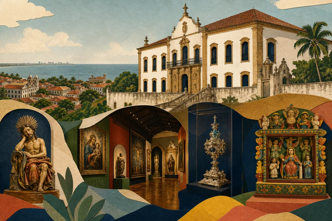 Museu de Arte Sacra de Pernambuco — MASPE — Ilustração editorial autoral do Meu Recife — não é fotografia documental.
