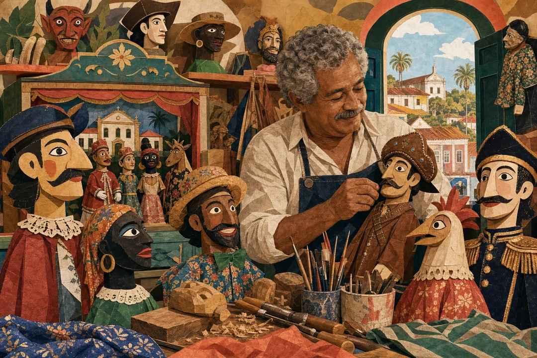 Museu do Mamulengo — Ilustração editorial autoral do Meu Recife — não é fotografia documental.