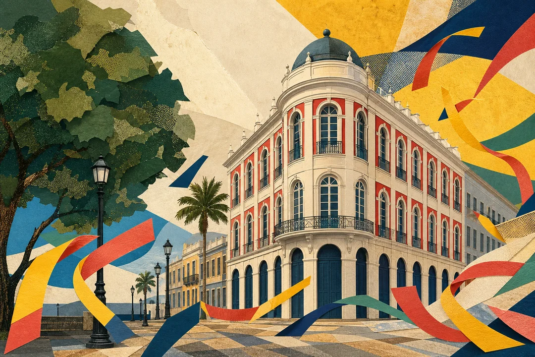 Paço do Frevo — Ilustração editorial autoral do Meu Recife — não é fotografia documental.