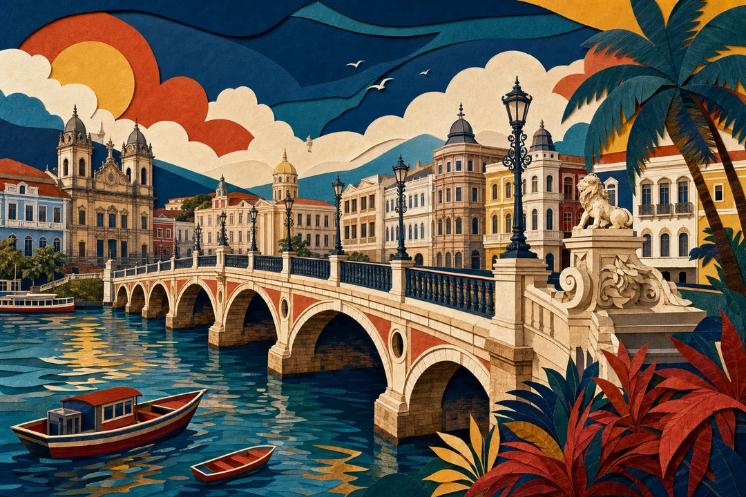 Ponte Maurício de Nassau — Ilustração editorial autoral do Meu Recife — não é fotografia documental.