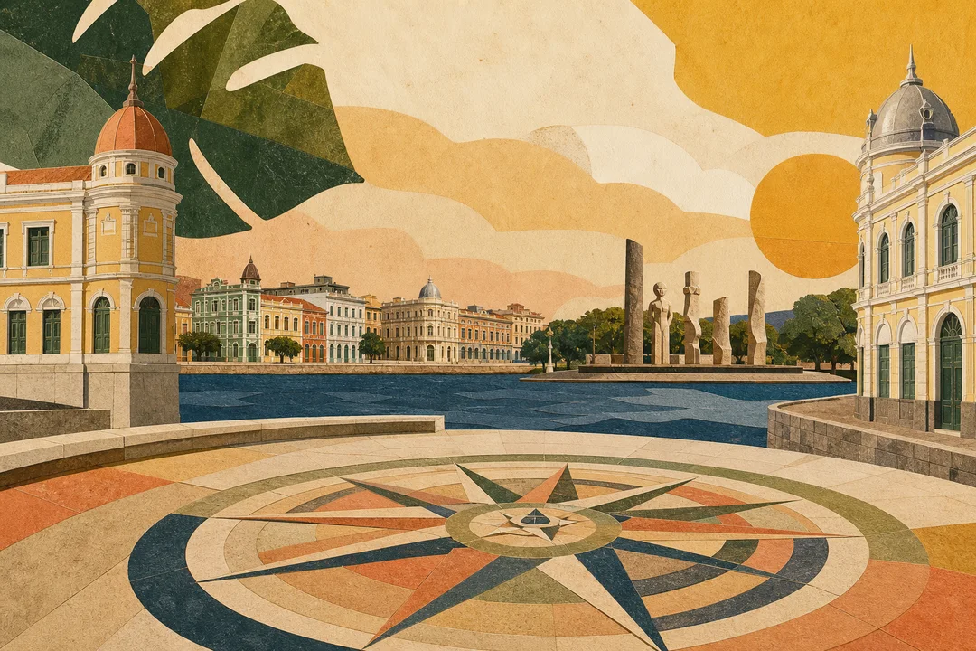 Praça do Marco Zero — Ilustração editorial autoral do Meu Recife — não é fotografia documental.