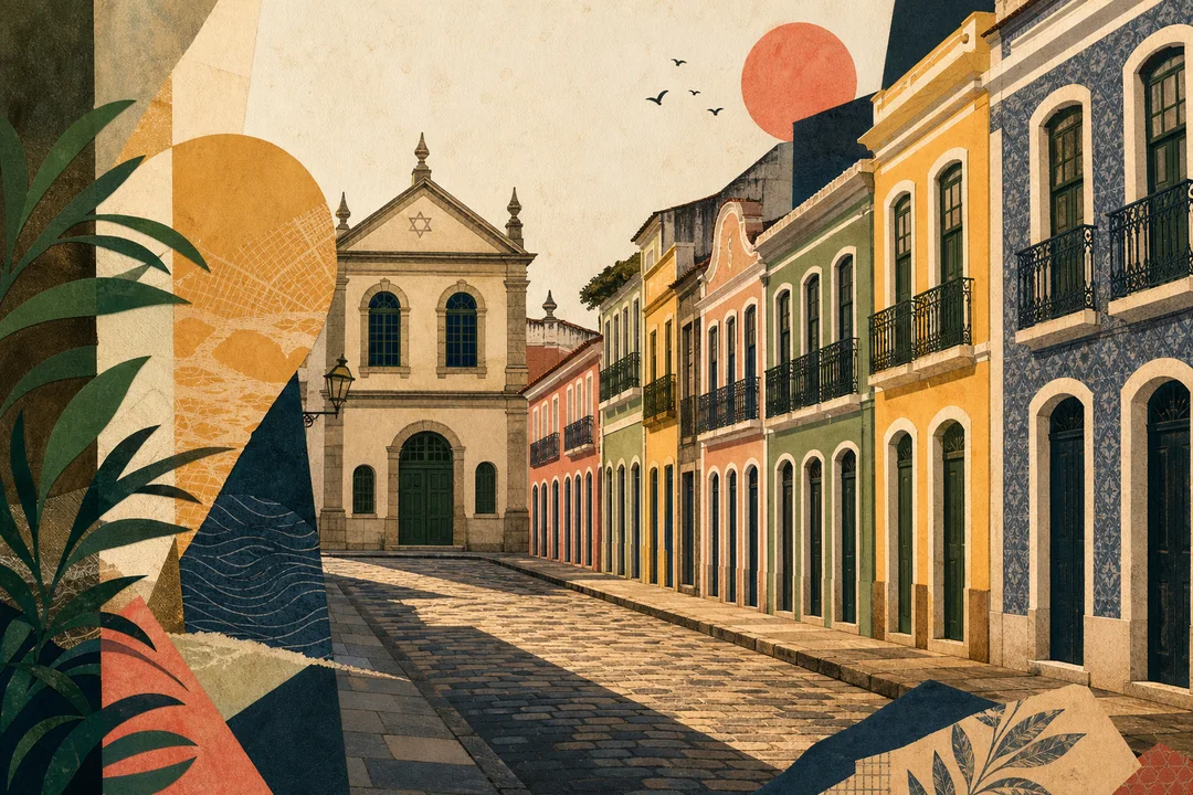 Rua do Bom Jesus — Ilustração editorial autoral do Meu Recife — não é fotografia documental.