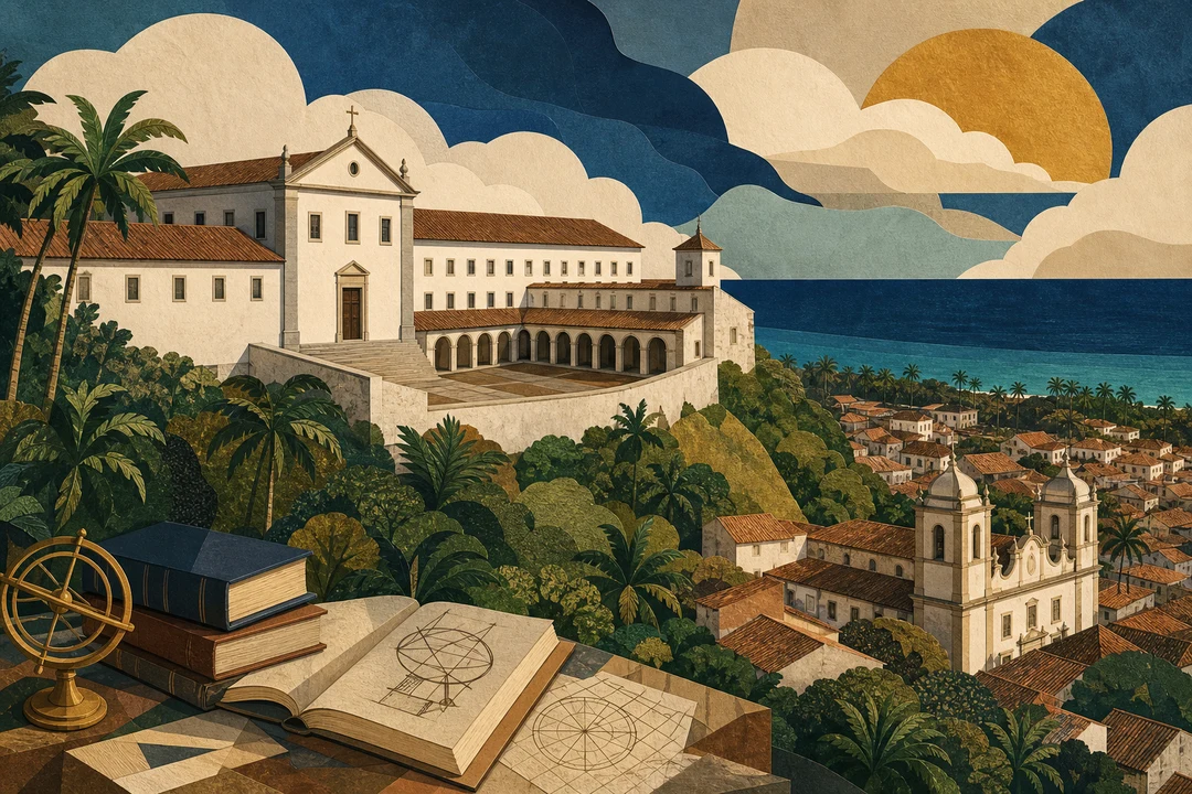 Seminário de Olinda e Igreja de Nossa Senhora da Graça — Ilustração editorial autoral do Meu Recife — não é fotografia documental.