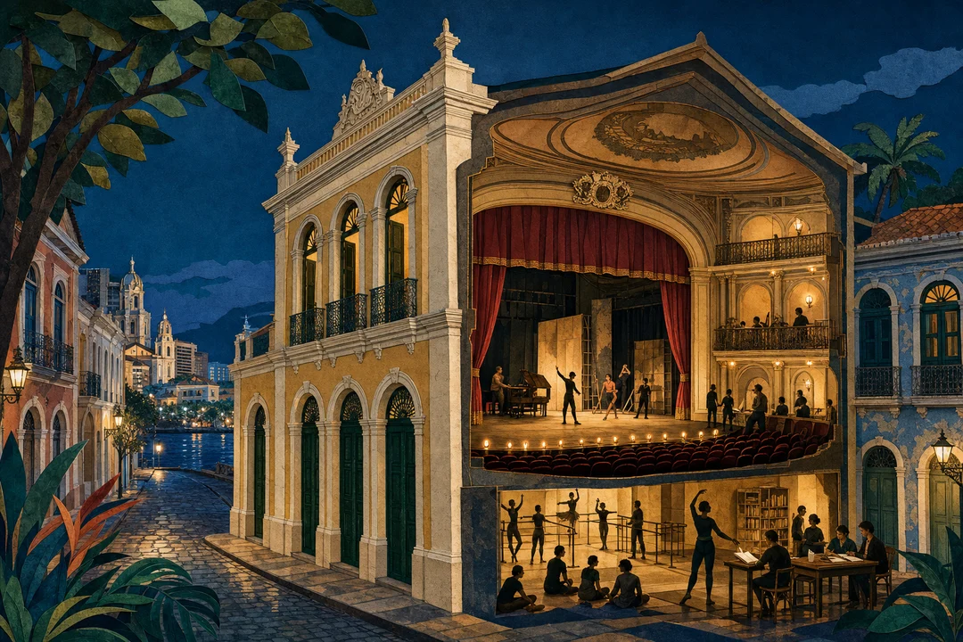 Teatro Apolo — Ilustração editorial autoral do Meu Recife — não é fotografia documental.
