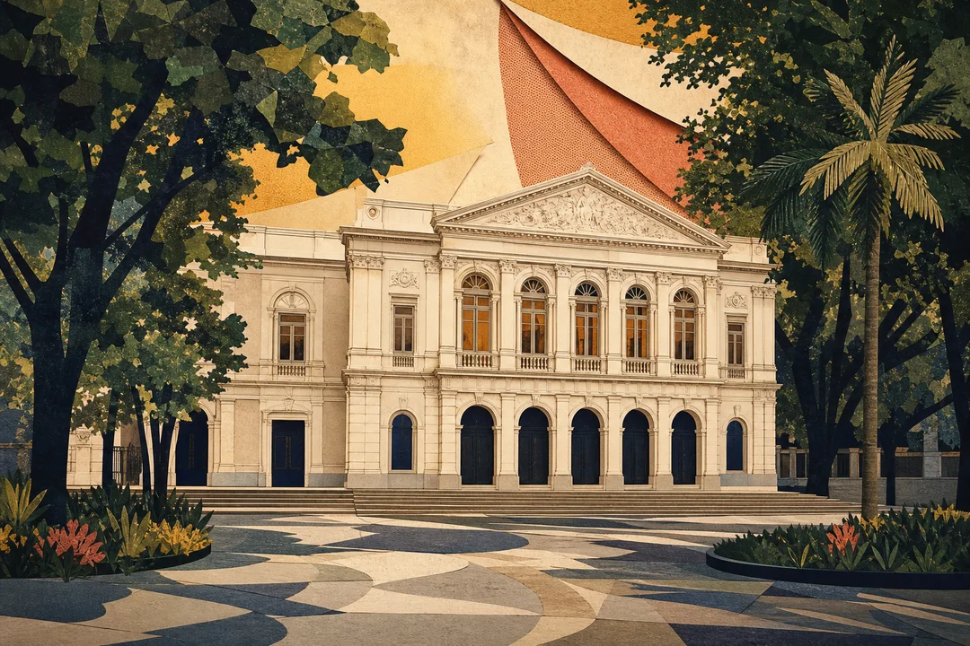 Teatro de Santa Isabel — Ilustração editorial autoral do Meu Recife — não é fotografia documental.