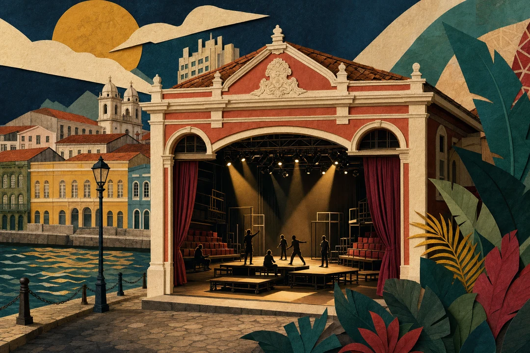 Teatro Hermilo Borba Filho — Ilustração editorial autoral do Meu Recife — não é fotografia documental.